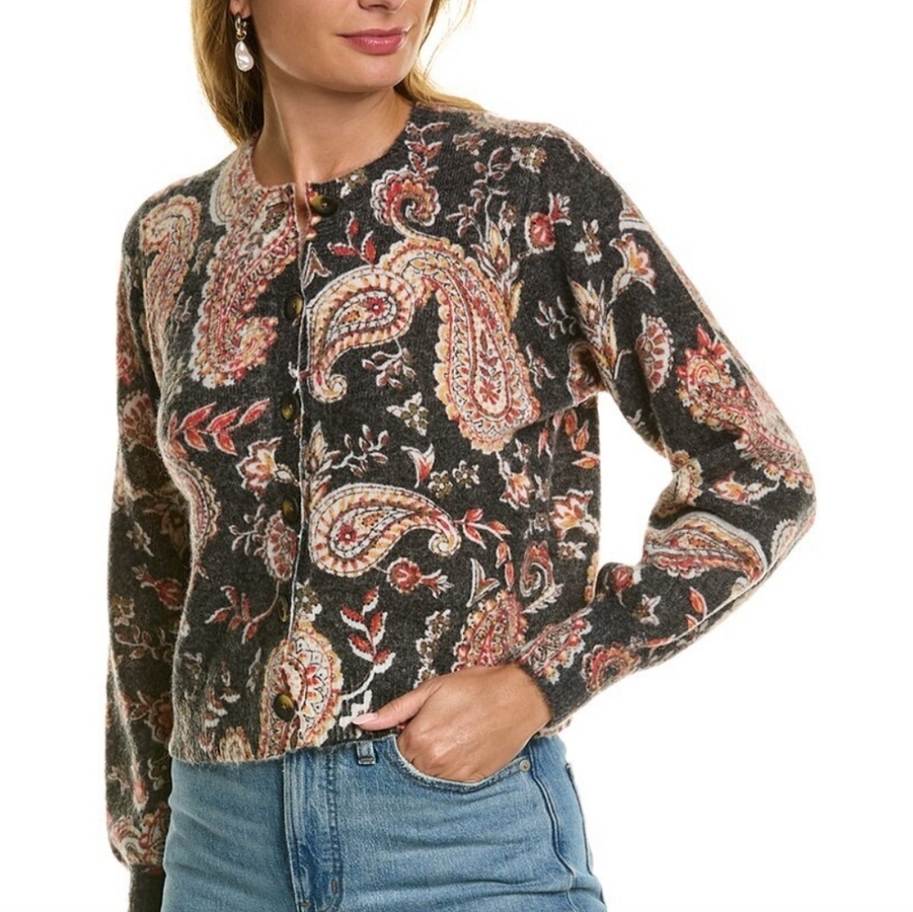 Boden Soft Wool & Alpaca Cardigan Sweater Black Floral